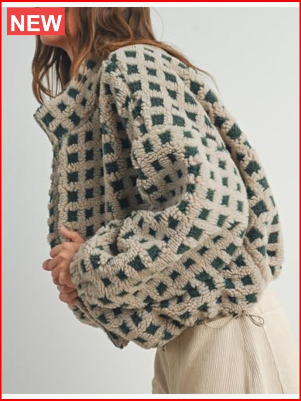 Cropped Sherpa Fleece Plaid Jacket Casual Teddy Fleece Outerwear Long Sleeve - Picture 5 of 7